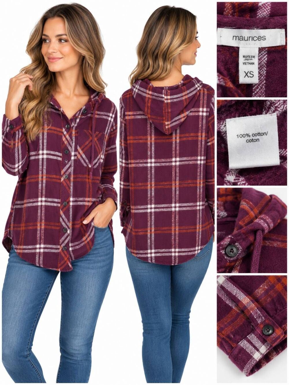 Maurices Women’s Plaid Button Down Hooded Shirt Purple Size XS